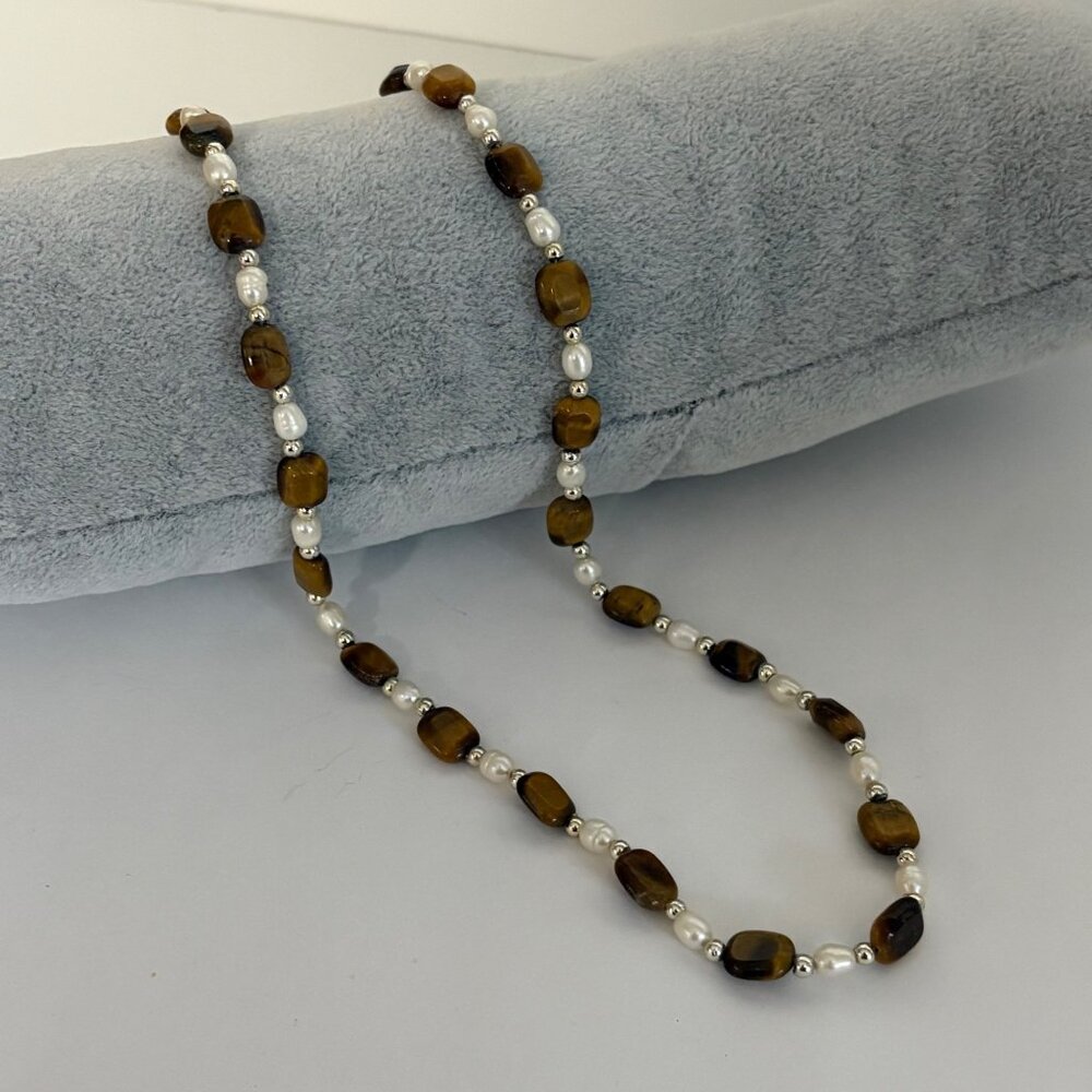Tigers Eye Faux Pearl Silver Tone Beaded Necklace 19.5 inch Classic Earthy Chic